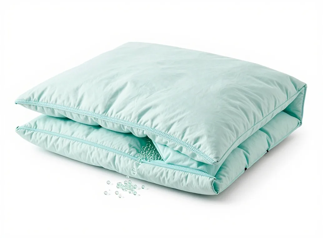 Cross-section cutaway photo of a small pastel mint children weighted blanket with one quilted pocket opened